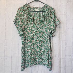 MAX STUDIO Floral Flutter-Sleeve V-Neck Blouse Green 1X